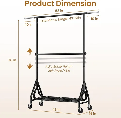 Vista 7 de Perchero de ropa con doble varilla, resistente para colgar ropa con carga de 560 libras, percheros de metal con ruedas, estantes para colgar ropa