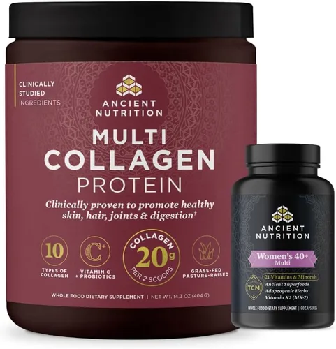 Ancient Nutrition Multivitamínico para mujer 40+ una vez al día, 30 unidades + proteína de colágeno en polvo, sin sabor, 40 porciones