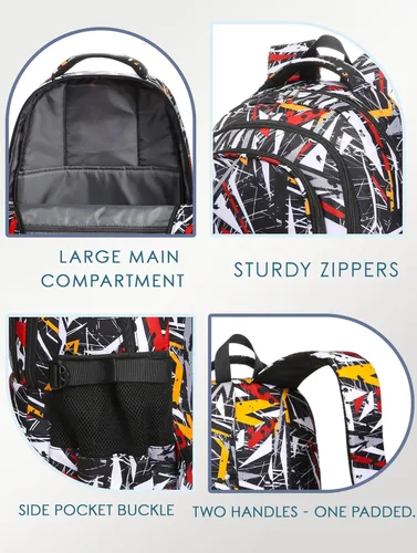 Vista 5 de BLUEFAIRY Mochila escolar para niños de regreso a la escuela, bolsa de libros, Negro Blanco, Triángulo