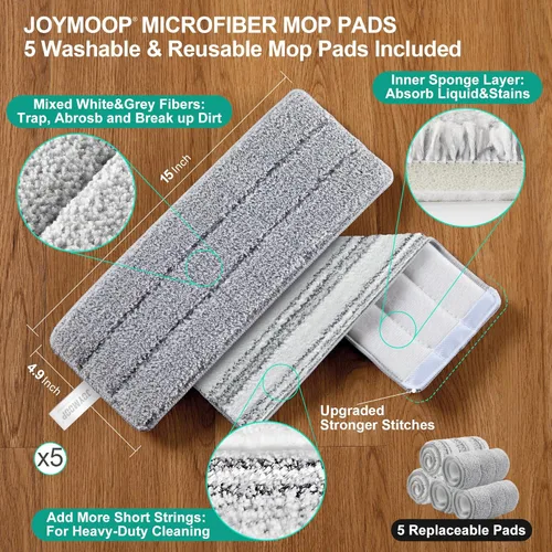 Vista 7 de JOYMOOP Juego de trapeador y cubo, trapeadores para limpieza de suelos y limpiador de paredes con mango largo, incluye 5 almohadillas de microfibra