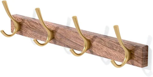 Vista 8 de Perchero de Pared de Madera de Nogal de 17 Pulgadas con 4 Ganchos Dobles Negros, Ganchos de Entrada Montados con Adhesivo, Clavijas de Madera