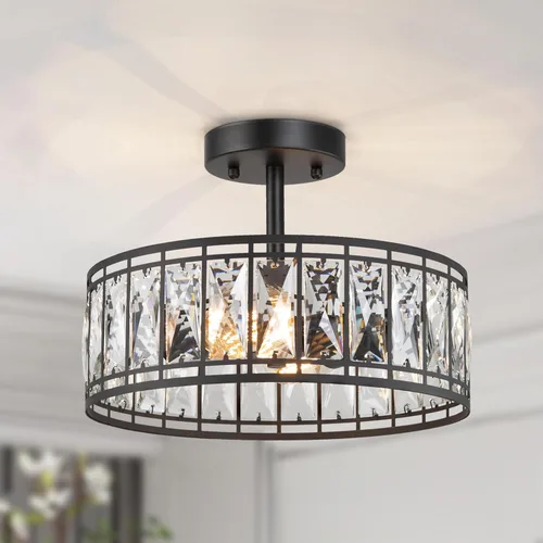 Vista 10 de KSANA Moderna lámpara de techo semiempotrada con vidrio sembrado para dormitorio, cocina, pasillo, entrada, cuarto de servicio y baño, color negro