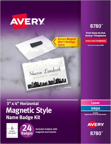AVERY Insignias de nombre, 3 x 4 pulgadas, magnéticas, transparentes, personalizables, con insertos imprimibles, 24 insignias, paquete de 5