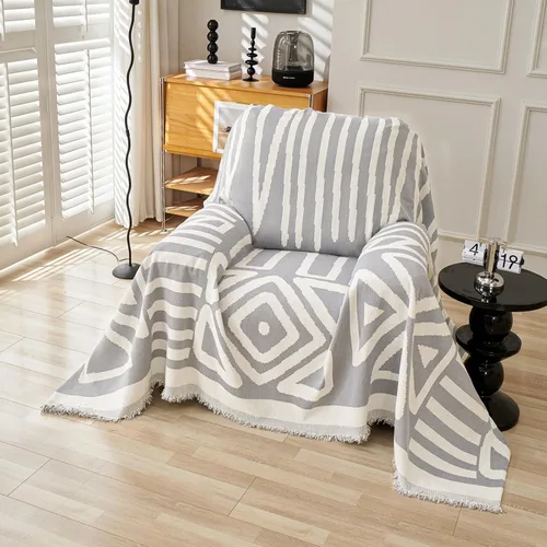 Vista 34 de VClife Funda bohemia de felpilla para sofá, apta para mascotas, gruesa, beige, crema, blanco, a cuadros, triangular, con borlas, agradable a