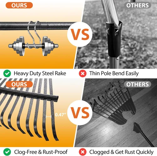 Vista 3 de Rastrillo para hojas resistente, rastrillo de hojas de jardín grandes para césped, rastrillo de jardinería de 65 pulgadas con mango largo que ahorra
