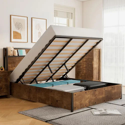 Vista 10 de LUXOAK Cama de Almacenamiento Elevable Tamaño Full, Marco de Cama Plataforma de Madera con Cabecera de Almacenamiento y Estación de Carga, No Negro