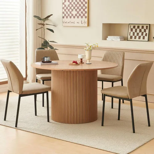 Vista 7 de Juego de mesa de comedor para 4, mesa de cocina redonda de madera de 47 pulgadas con sillas de piel sintética para cocina y espacios pequeños