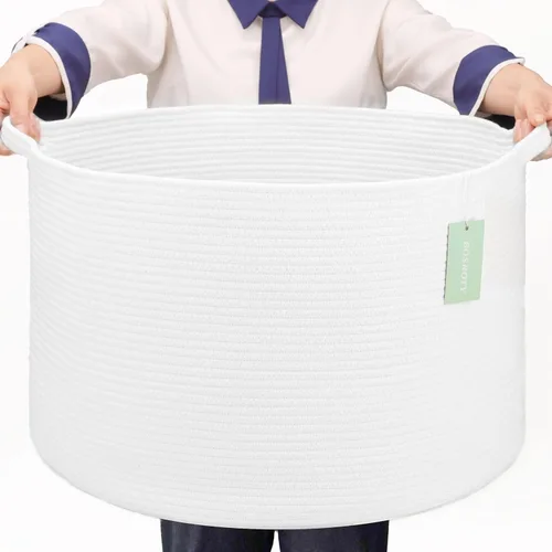 Vista 18 de Cesta de manta extragrande de 87 litros, cesta para la ropa sucia, cesta de guardería para guardar juguetes, ropa y toallas, cesta grande de cuerda