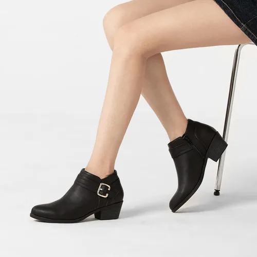 Vista 6 de Athlefit Botines gruesos de tacón bajo para mujer, botines clásicos con punta puntiaguda y cremallera lateral