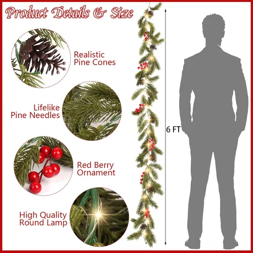 Vista 2 de CCINEE - Guirnalda de Navidad con luces, 1,8 m, funciona con pilas, guirnalda de pino de Norfolk preiluminada con 35 LEDs, bayas rojas, conos