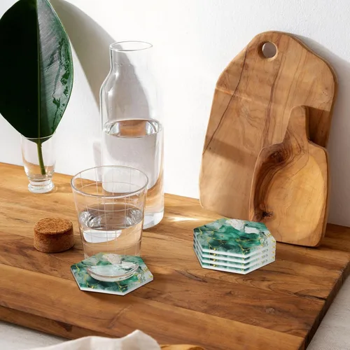 Vista 7 de Abstract Green and Gold Marble Ceramic Coaster Set of 4