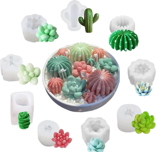Vista 2 de Navani Paquete de 9 moldes de silicona para suculentas, moldes de resina de flores, moldes de vela de silicona. Molde de vela de cactus 3D