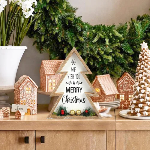 Vista 5 de Decoraciones de mesa de Navidad para el hogar, centro de mesa de árbol de Navidad, decoración interior de madera, árboles de Navidad rústicos