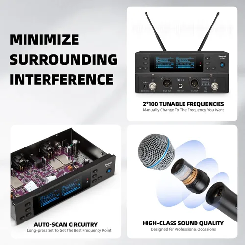 Vista 6 de Kimyah Sistema de micrófonos inalámbricos, microfonos de mano inalámbricos de metal de 2 x 100 canales, rango UHF de 328 pies, micrófonos