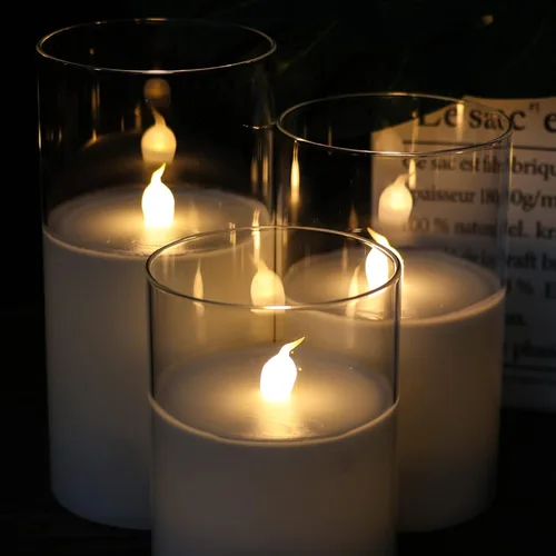Vista 2 de GenSwin - Velas LED sin llama de cristal transparente que funcionan con batería, con control remoto de 10 teclas y temporizador, velas de cera real