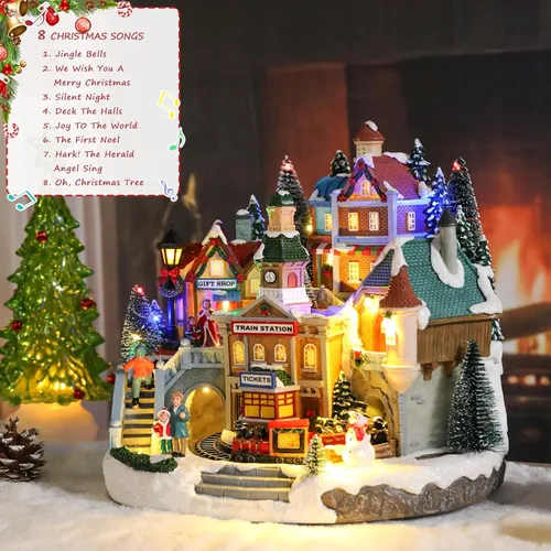 Vista 2 de Bdor Edificios coleccionables iluminados con tren y música - Decoración de Navidad LED enchufable para mesa, hogar, tienda de regalos - Centro