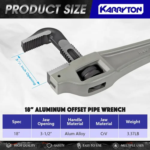 Vista 2 de Llave para tubos de aluminio con desplazamiento de 18 pulgadas, capacidad de mandíbula ajustable de 3.5"/89mm, llave de plomería resistente
