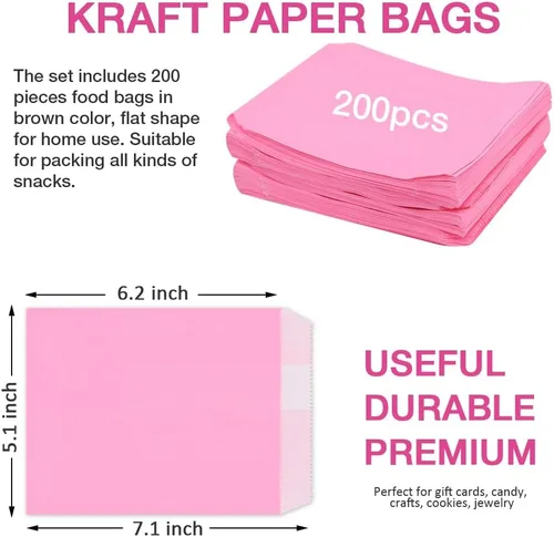 Vista 2 de 200 bolsas de papel planas de 5.1 x 7.1 pulgadas, bolsas planas para galletas de panadería, bolsas para chocolate, postres, galletas (rosa)