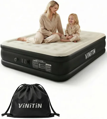 Vista 10 de Colchón de aire Queen con bomba integrada, colchón inflable elevado de 18 pulgadas con autoinflado/desinflado, colchón inflable con superficie