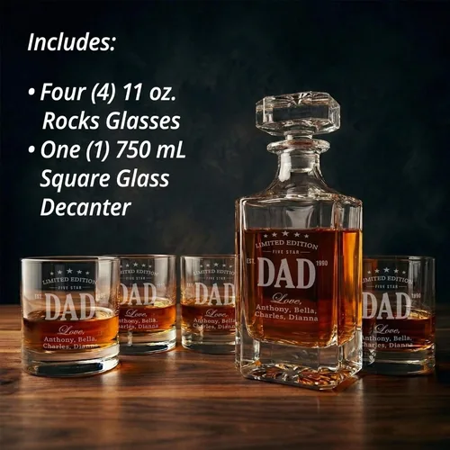 Vista 5 de Personalized Whiskey Decanter Set with Glasses for Dad - Custom Bourbon Decanter Sets 4 Designs - Laser Engraved Customized Whiskey Glasses