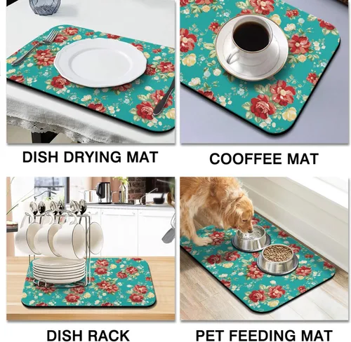 Vista 3 de Tapete de secado de platos para encimera de cocina, 20 x 12 pulgadas, lavable, almohadilla de secado rápido de platos, parte trasera de goma Flores