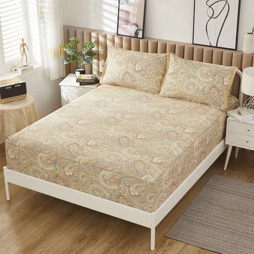 Vista 4 de ABREEZE Juego de sábanas de lujo 100% algodón natural puro, juego de ropa de cama de 4 piezas con estampado de cachemira dorada, calidad de hotel