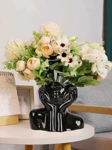 Jarrón de flores para decoración de flores, jarrón de cerámica negra para flores, jarrón de cabeza, jarrones de busto de cabeza de forma femenina,
