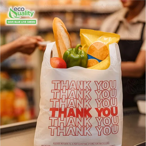 Vista 5 de EcoQuality Bolsas de plástico blancas con texto en inglés "Thank You", 1000 unidades, bolsas de compras de 1/8, bolsas de comestibles, bolsas