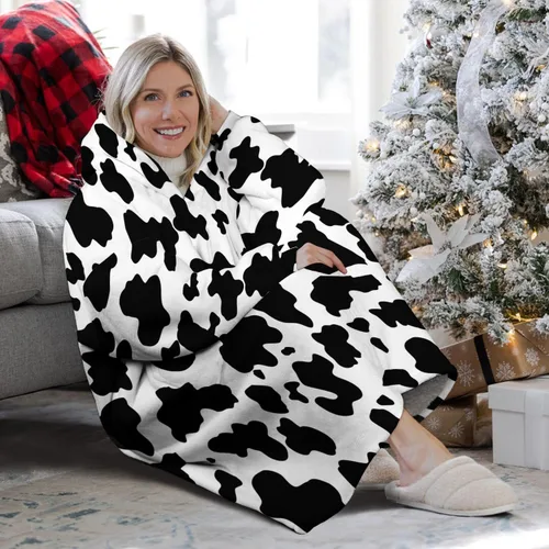 Vista 3 de Wearable Oversized Blanket,Sherpa Blanket Hoodie with Super Pockets,Super Warm Fuzzy Pullover for Women & Men Estampado De Manchas De Vaca