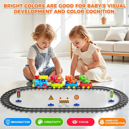 Vista 3 de Juego de tren para niños pequeños con vapor, música, luces y 3 autos de Verde
