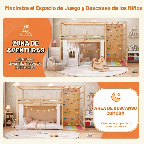 Vista 5 de KOMFOTT Twin Bunk Bed with Jungle Gym, Kids Loft Bed with Rock Wall,Natural