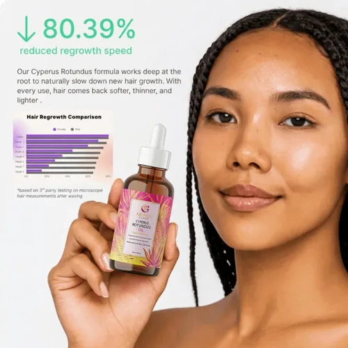 Vista 2 de Meara Gloss Cyperus Rotundus - Aceite natural de reducción de vello corporal para cara, piernas y línea de bikini, alternativa hidratante