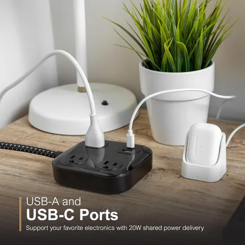 Vista 2 de GE UltraPro - Protector SurGE de 3 salidas con cable trenzado de 4 pies, tira de alimentación, cable de extensión, enchufe plano, 1 puerto USB-A y 1