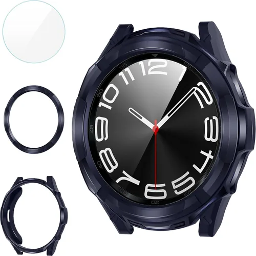 Vista 9 de Suoman Funda 3 en 1 para Samsung Galaxy Watch 6 Classic de 1.850 in, protector de pantalla de vidrio templado HD, cubierta protectora completa