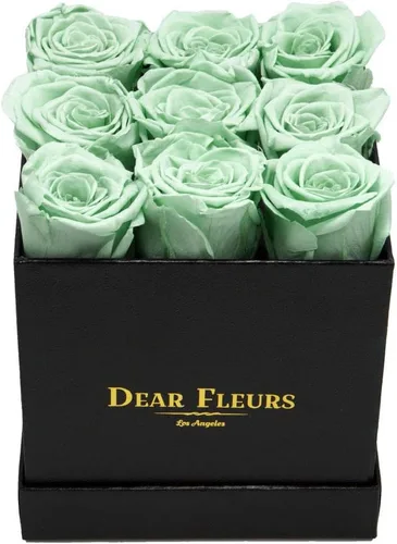 Nona Roses | Rosas reales que duran un año | Flores preservadas en una caja (verde manzana, caja con acabado de cuero negro)