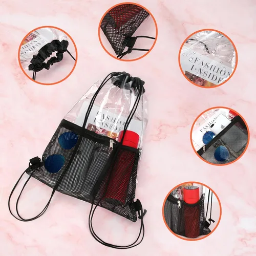 Vista 6 de Paquete de 2 bolsas transparentes con cordón aprobadas para estadios, mochila transparente de PVC con cordón, Negro -, Bolso de cordón transparente