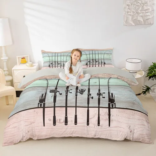 Vista 2 de Juego de ropa de cama de peces para hombres, ropa de pesca en hielo, funda de edredón de pesca retro acuarela de madera con anzuelo de madera