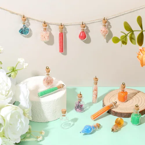 Vista 7 de Honeydak 100 frascos pequeños de vidrio con tapón de corcho, botella de poción, pequeñas botellas de deseos recargables con cuerda de embudo