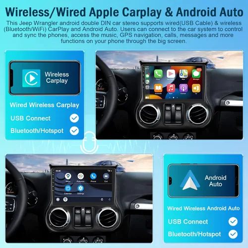 Vista 3 de Roinvou 2+64G Android 13 CarPlay estéreo para Jeep Wrangler (LHD) 2011-2014, radio CarPlay inalámbrica con Android Auto, pantalla táctil de 10.1