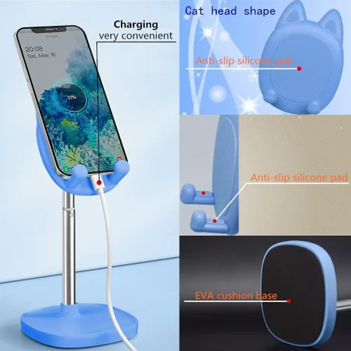 Vista 5 de Lindo soporte de teléfono para gato, soporte para teléfono celular con cabeza de gato para escritorio, ángulo y altura ajustable, compatible