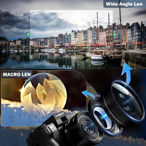 Vista 6 de 8K Digital Cameras for Photography 64MP - 16X Zoom Autofocus, WiFi, 180° Flip Screen with Wide-Angle & Macro Lens, Vlogging Camera for YouTube