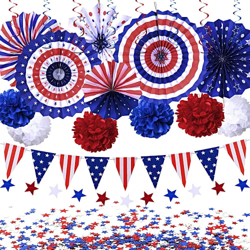 Juego de decoraciones patrióticas del 4 de julio: suministros de fiesta con la bandera estadounidense del 4 de julio, abanicos de papel rojo, blanco