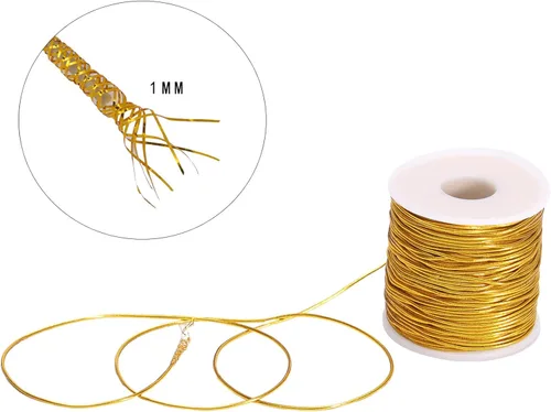 Vista 2 de Cordón elástico metálico para colgar adornos, decoración, envoltura de regalos, 0.039 in, 65 yardas (dorado)