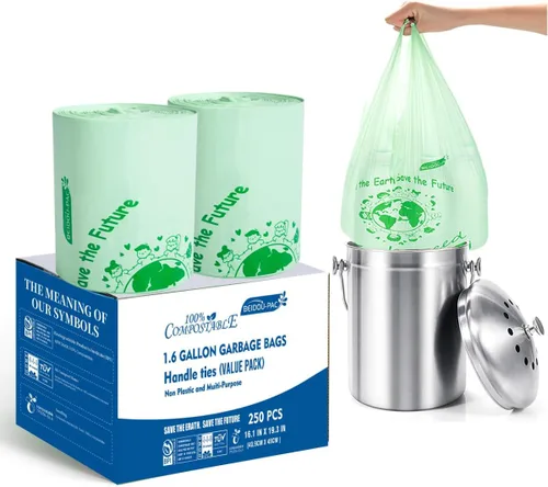 Vista 13 de BEIDOU-PAC Bolsas de basura compostables con solapa de 1 a 2 galones, 120 bolsas de abono pequeñas, bolsas de basura biodegradables para cocina