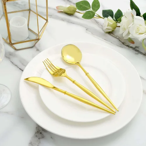 Vista 8 de Efavormart - Juego de cubiertos de plástico resistente de 8 pulgadas, cubiertos de plástico con mango dorado Dorado/Oro