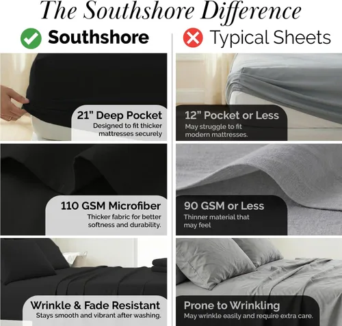 Vista 4 de Southshore Fine Linens®, juego de ropa de cama con bolsillo profundo, Microfibra, Negro, gemelo