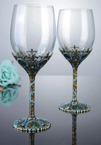 Vista 6 de Comeon Copas de vino transparentes hechas a mano, copas de vino tinto, juego de 2 copas de esmalte floral (azul)