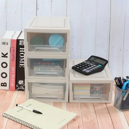 Vista 6 de Ramddy Paquete de 4 cajones de escritorio de plástico de 6.5 cuartos de galón, pequeños cajones de almacenamiento apilables