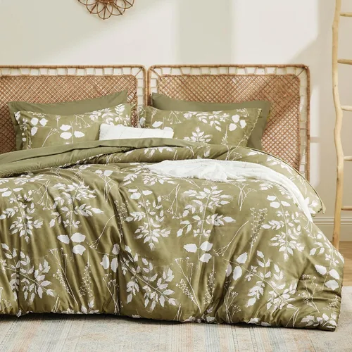 Vista 15 de Bedsure Juego de ropa de cama con edredón tamaño individual de 5 piezas, diseño floral, color verde salvia suave, con edredón, sábanas, funda