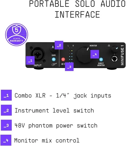 Vista 4 de Arturia MiniFuse 1 - Interfaz de audio USB compacta con software creativo para grabación, producción, podcasting, guitarra, color negro